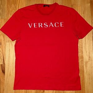 Versace Red White Embroidered Spellout Tshirt 🔥